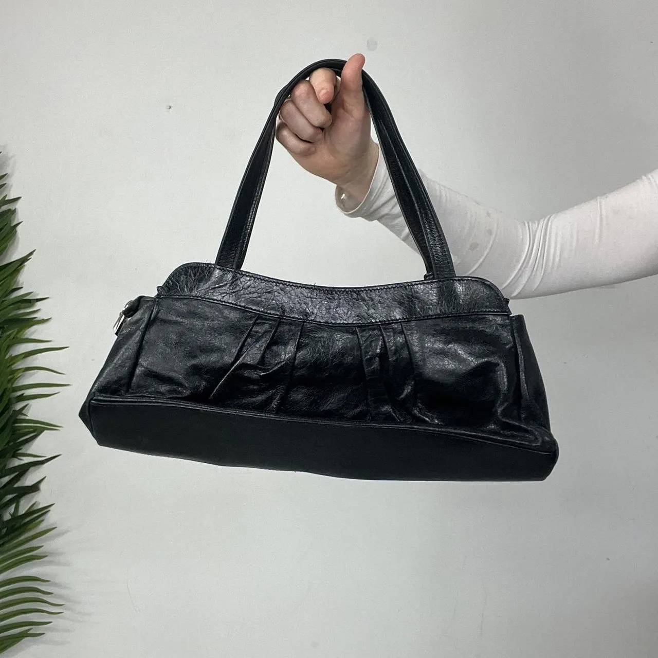 90s Black Ruched Leather Shoulder Bag