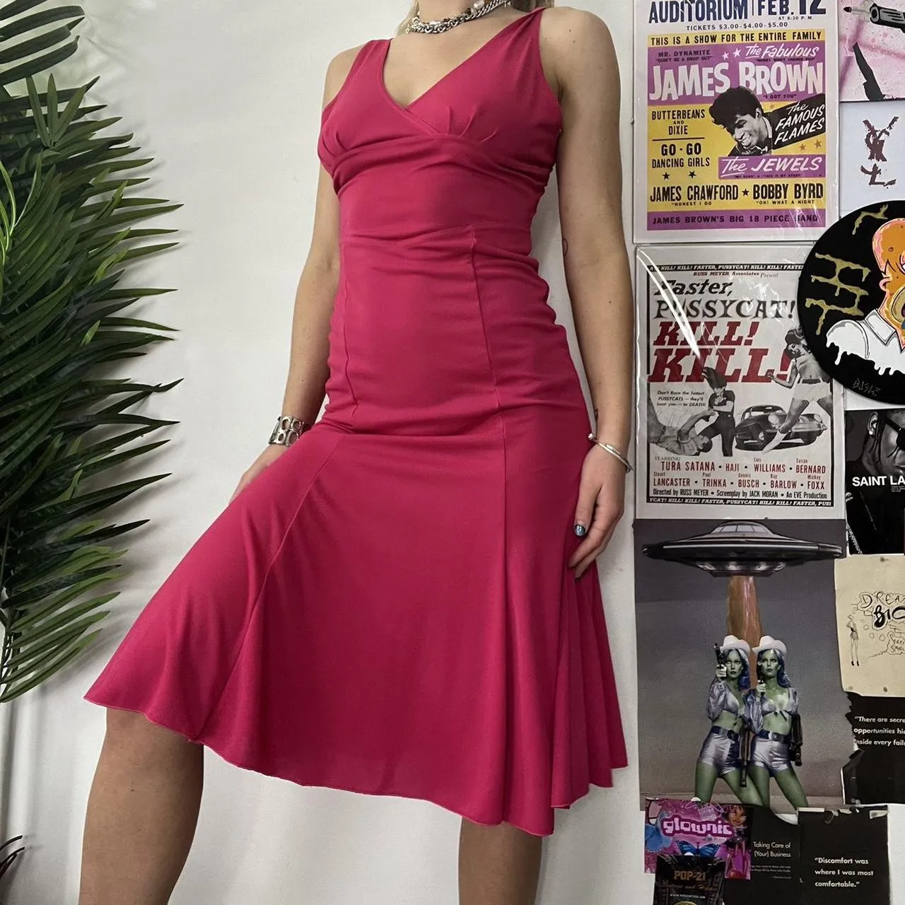90s pink midaxi v neck dress