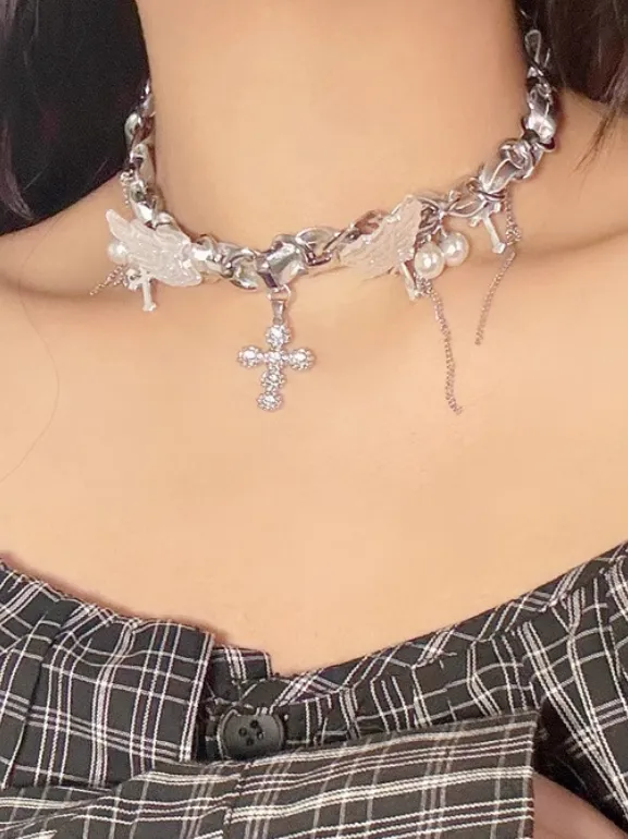 Angel Silver Wings Crosses Cyberpunk Y2K Necklace