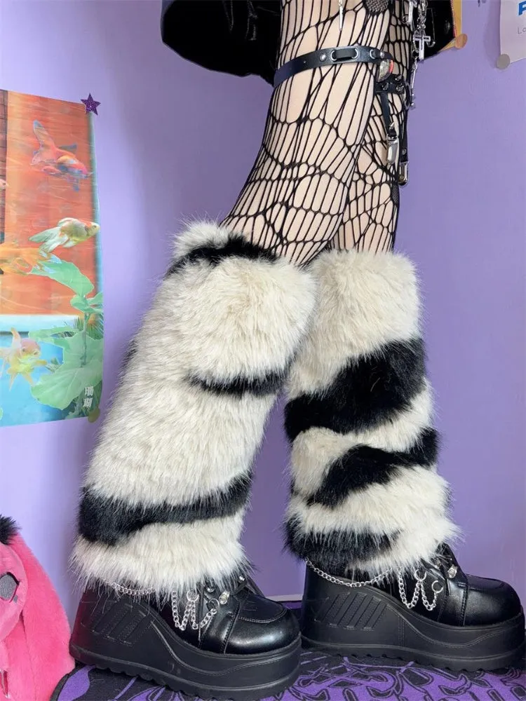 Beige/Grey Y2K Zebra Stripes Pattern 40CM Leg Warmers