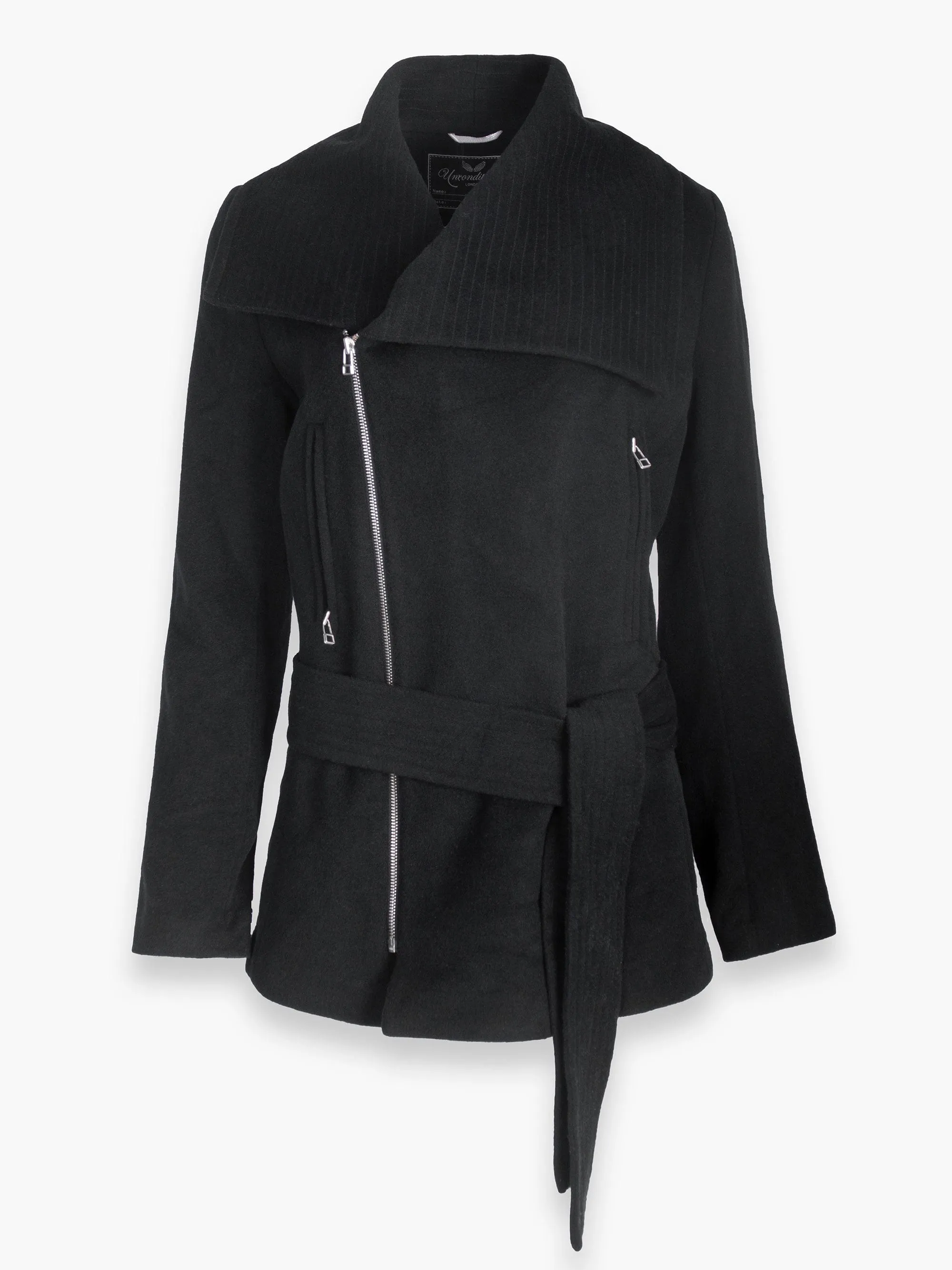 Black Woollen Coat With Asymmetric Zip and Tie Up Detail
