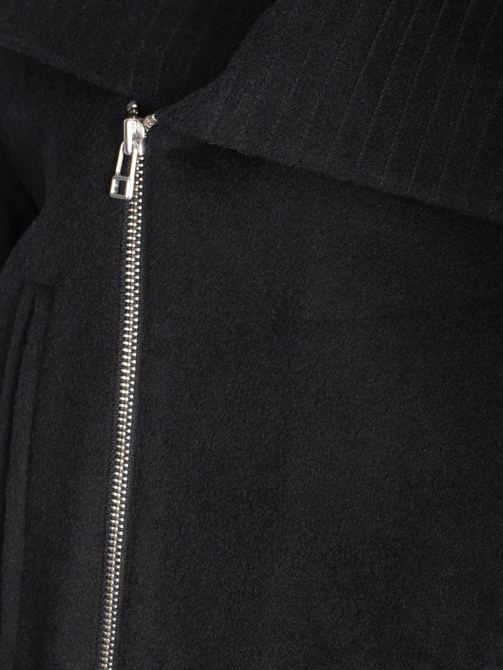 Black Woollen Coat With Asymmetric Zip and Tie Up Detail