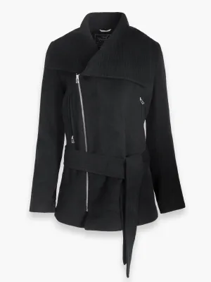 Black Woollen Coat With Asymmetric Zip and Tie Up Detail