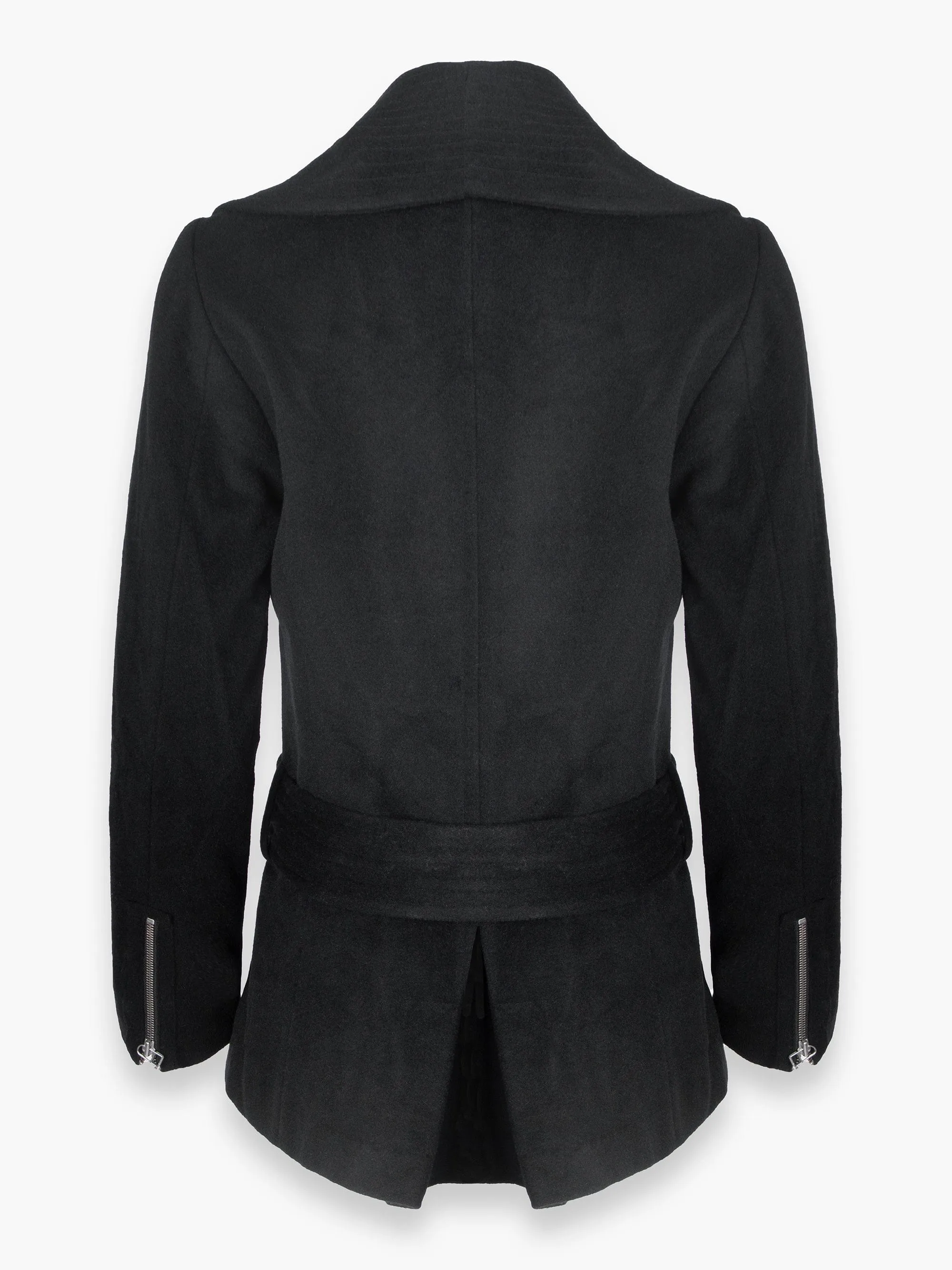 Black Woollen Coat With Asymmetric Zip and Tie Up Detail