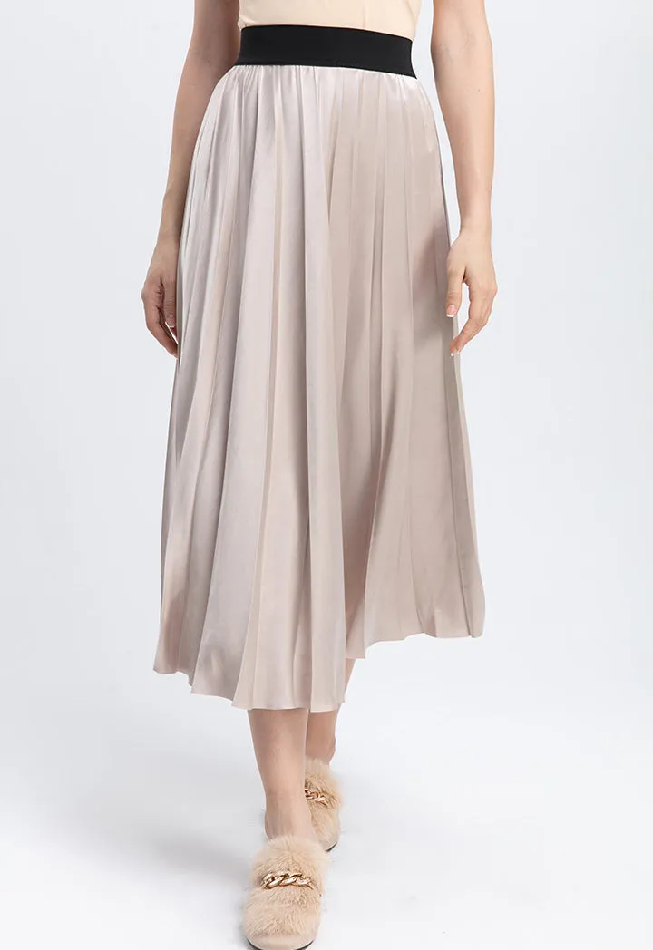 Choice Contrast Color Exposed Waist Elastic Pleated Skirt Latte