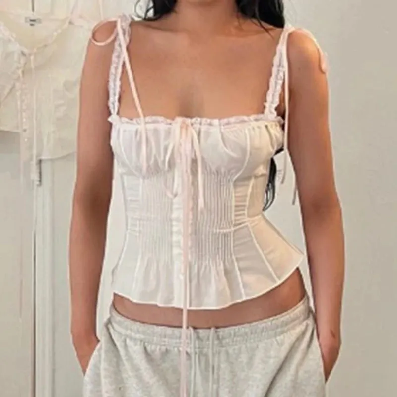 Girlary Fairy Cottage Y2K Crop Tops Kawaii Ribbons Bowknot Lace Trim Camisole Low Cut Button Up Slim Fit Vest 90s Vintage Women Tank Top
