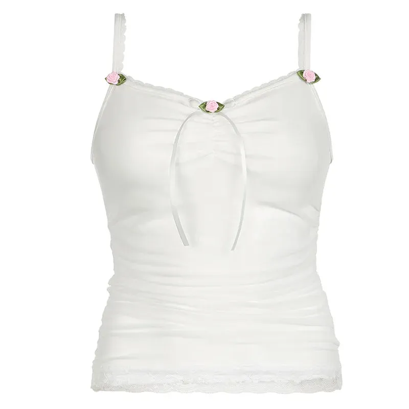 Girlary Fairy Y2K Coquette Sleeveless Crop Tops White Bow Lace Trim Camis Tops 00s Vintage Kawaii Slim Fit Tank Tops Women