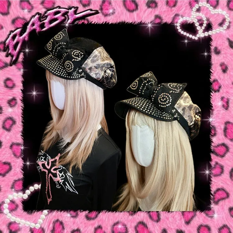 Gyaru Fashion Y2K Black Leopard Big Bow Rhinestones Embellished Beret