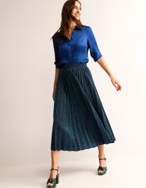 Jersey Metallic Pleated Skirt-Green / Navy Stripe