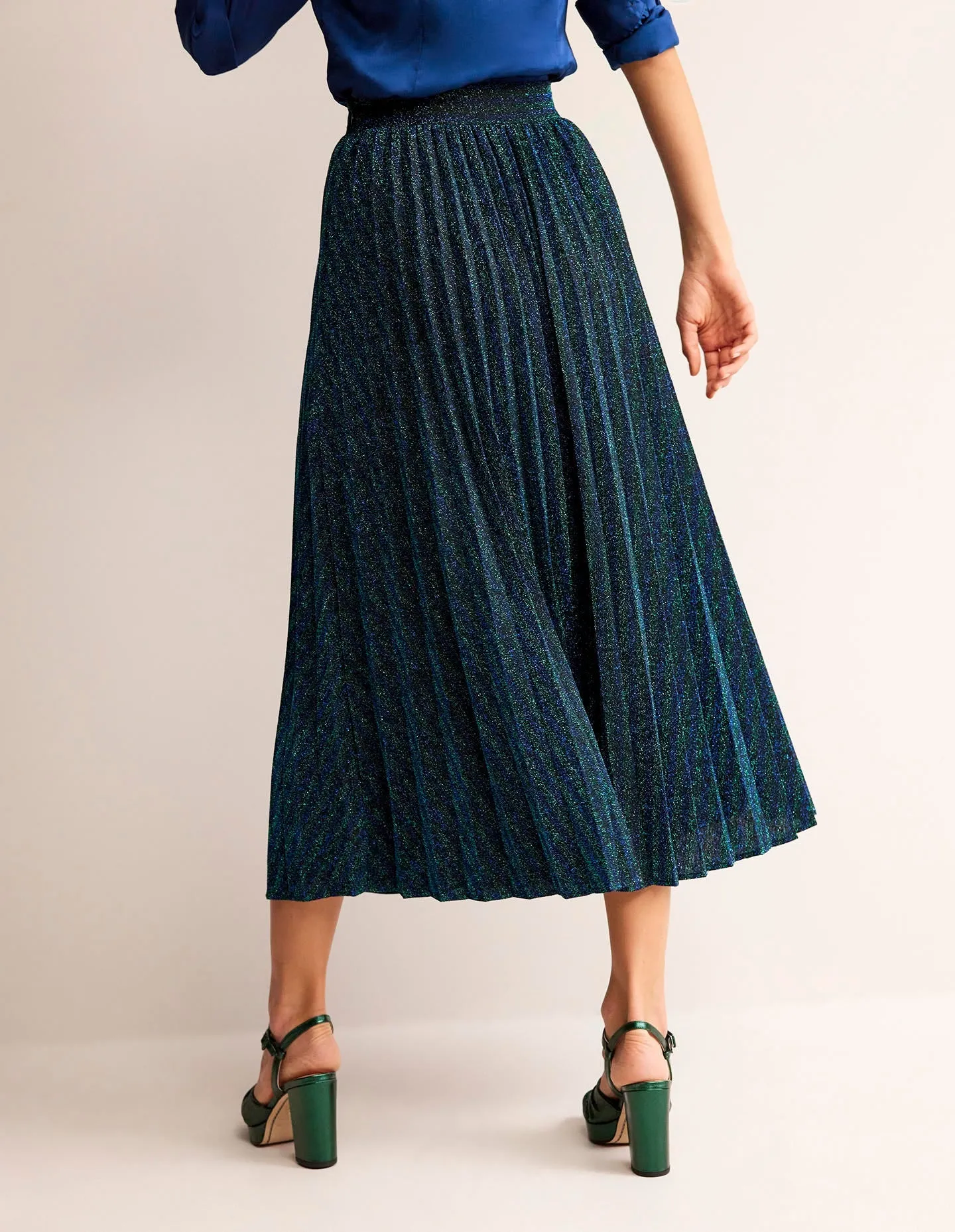 Jersey Metallic Pleated Skirt-Green / Navy Stripe