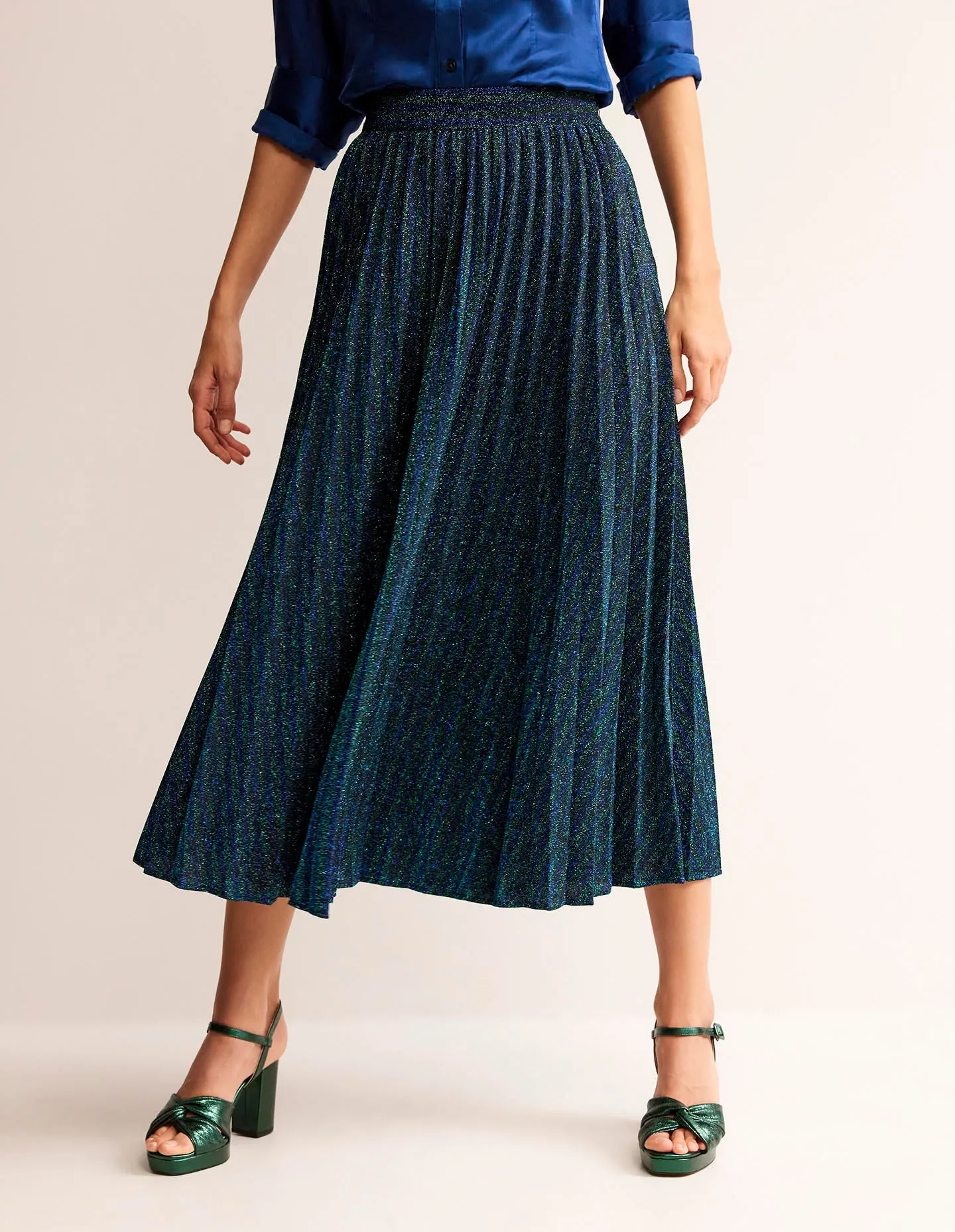 Jersey Metallic Pleated Skirt-Green / Navy Stripe