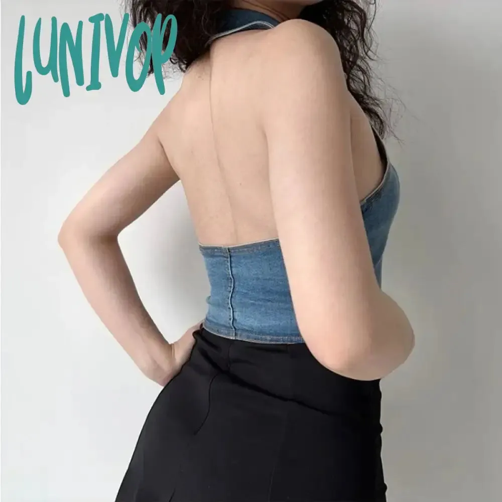 Lunivop Chic Fashion Women Streetwear Y2k Hollow Design Denim Tank Tops  Summer Sexy Backless Sleeveless Cropped Shirt Ropa Mujer