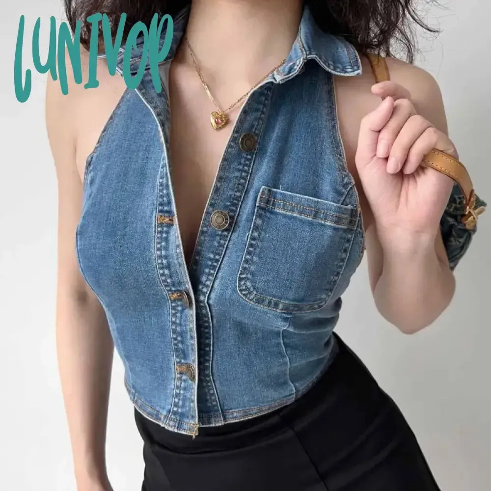 Lunivop Chic Fashion Women Streetwear Y2k Hollow Design Denim Tank Tops  Summer Sexy Backless Sleeveless Cropped Shirt Ropa Mujer