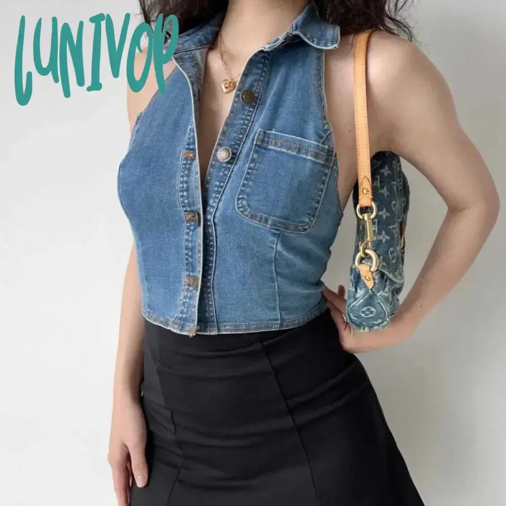 Lunivop Chic Fashion Women Streetwear Y2k Hollow Design Denim Tank Tops  Summer Sexy Backless Sleeveless Cropped Shirt Ropa Mujer