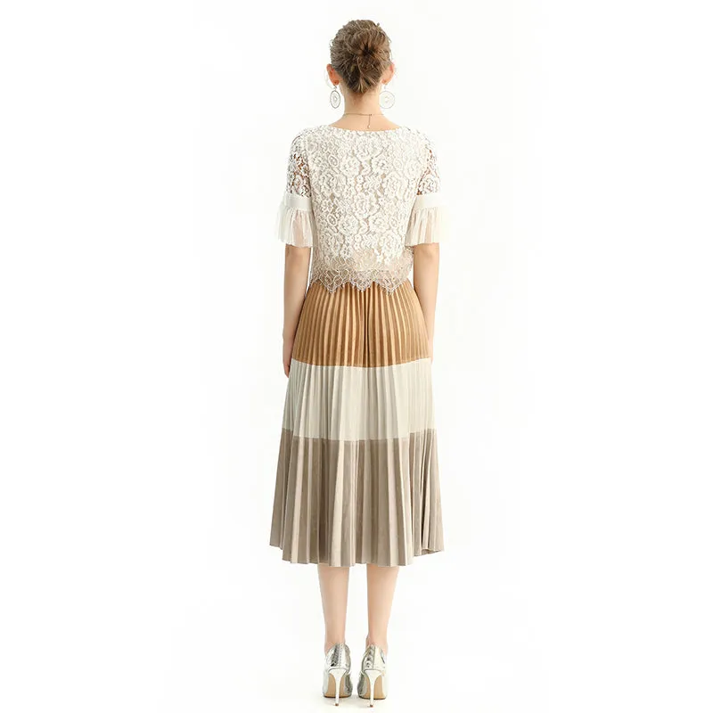 S125 Women faux suede color-block full circle sunburst pleated midi skirt