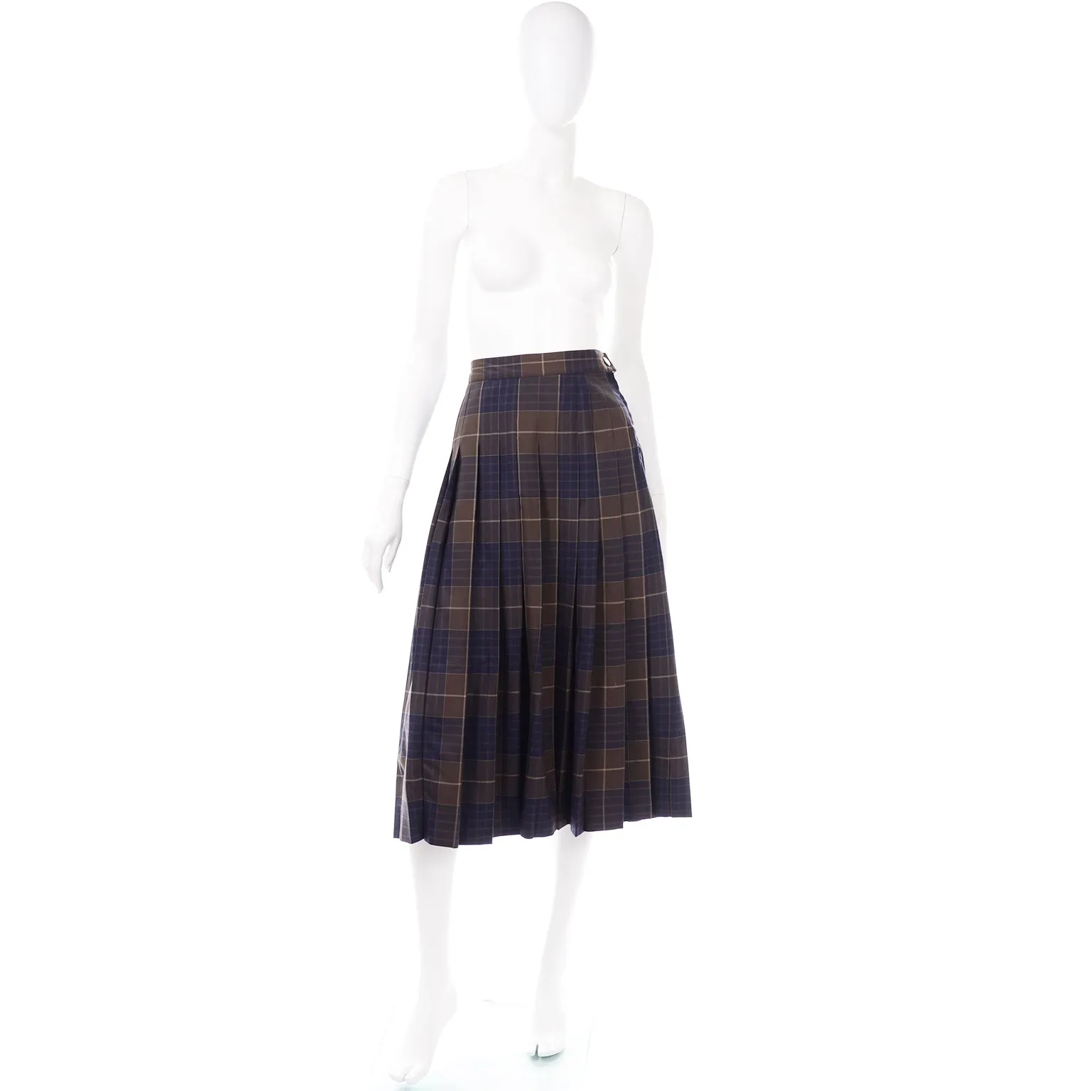Salvatore Ferragamo Pleated Brown & Blue Plaid Midi Skirt