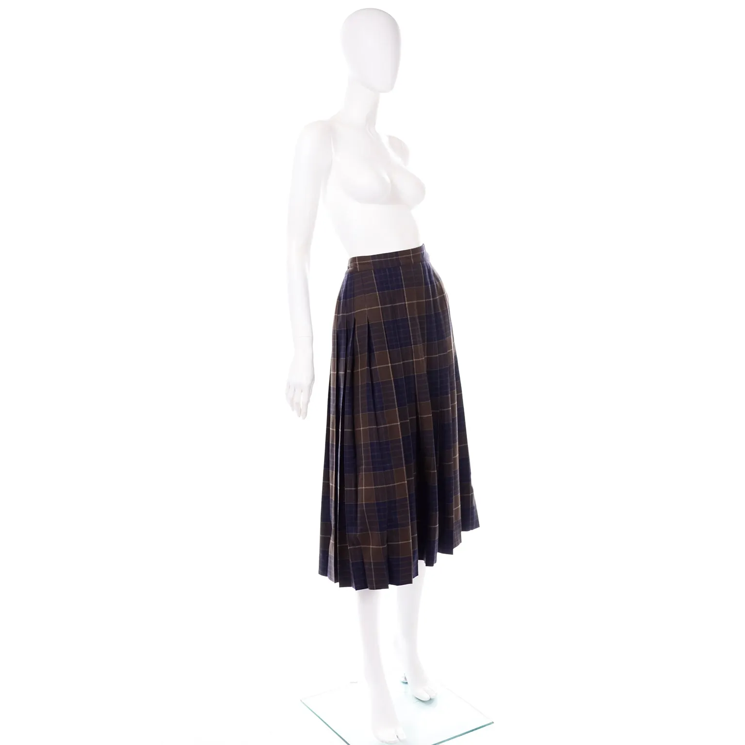 Salvatore Ferragamo Pleated Brown & Blue Plaid Midi Skirt
