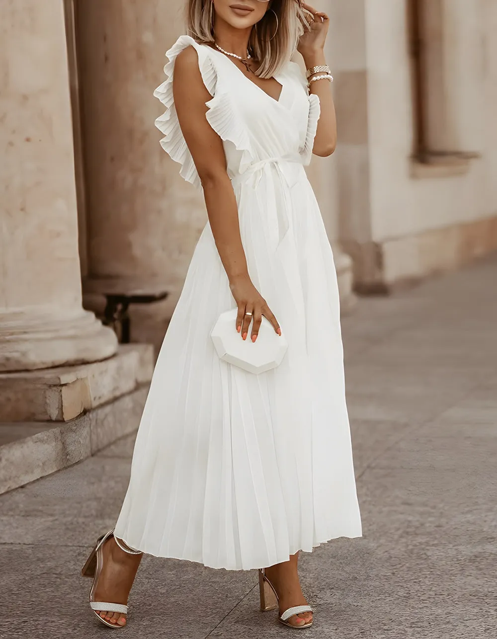 Solid-color V Neck Belted Chiffon Long Pleated Dresses