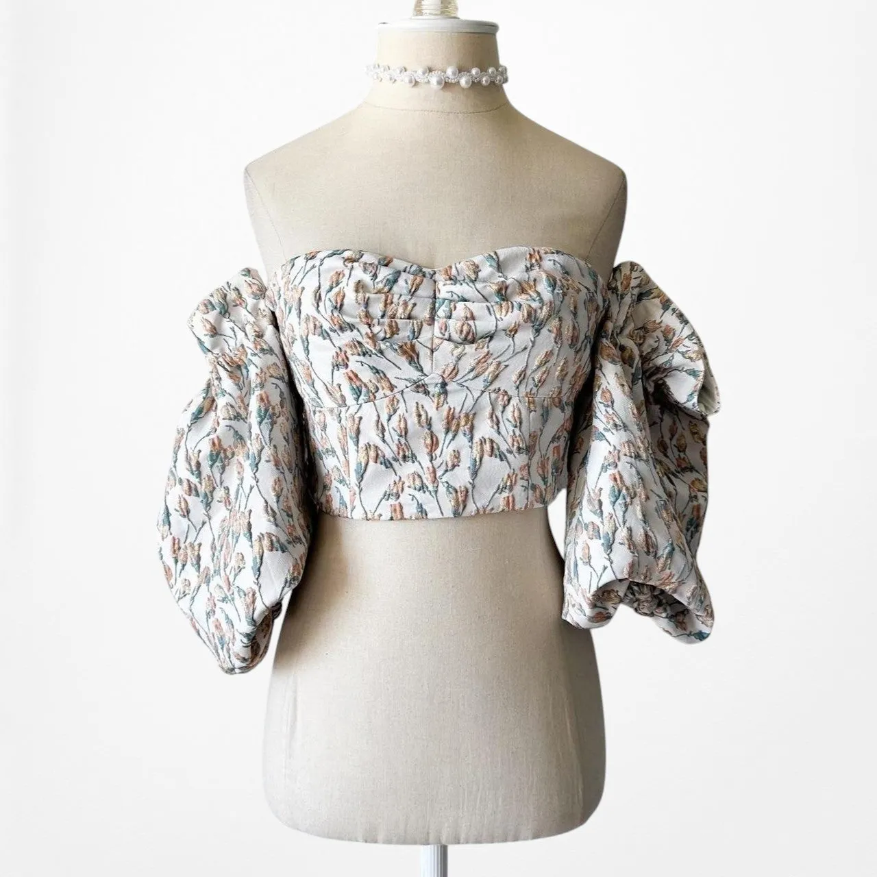 Song of Style Gray Floral Print Puffy Sleeve Sweetheart Crop Top Size XXS/XS