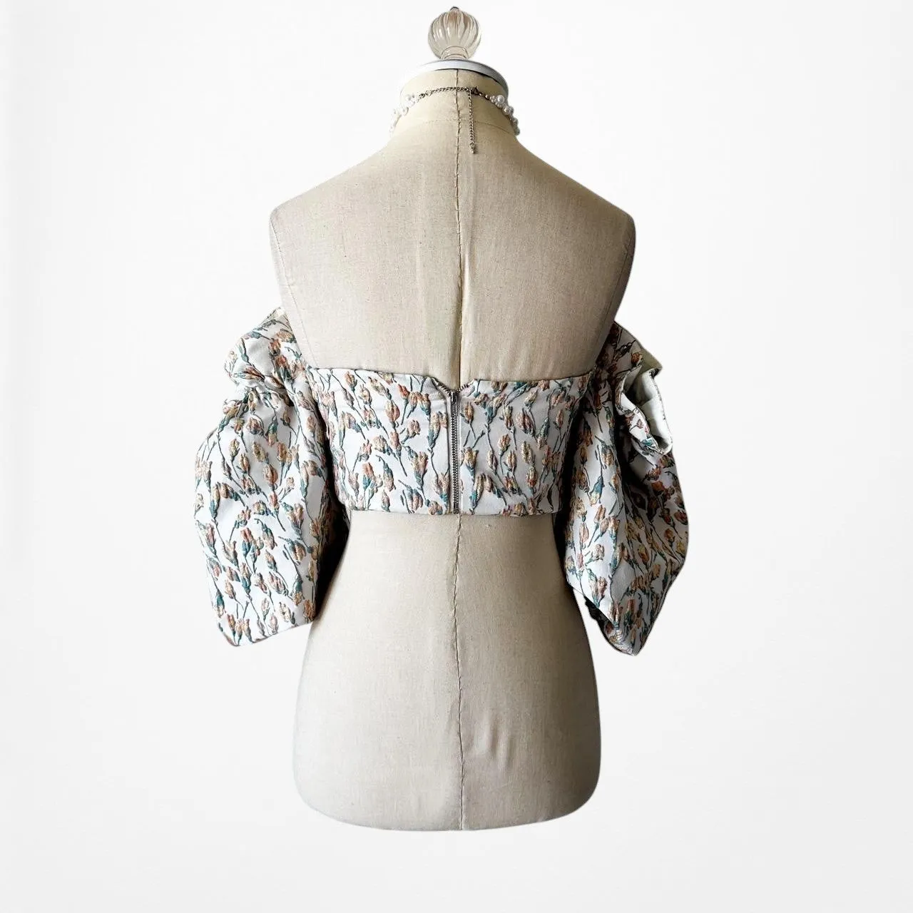 Song of Style Gray Floral Print Puffy Sleeve Sweetheart Crop Top Size XXS/XS