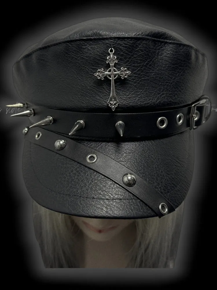 Y2K Black Cross Charm Buckle Strap Studs Adorned Punk Beret