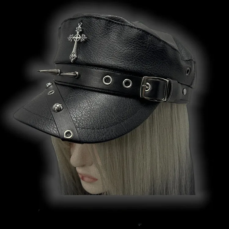 Y2K Black Cross Charm Buckle Strap Studs Adorned Punk Beret