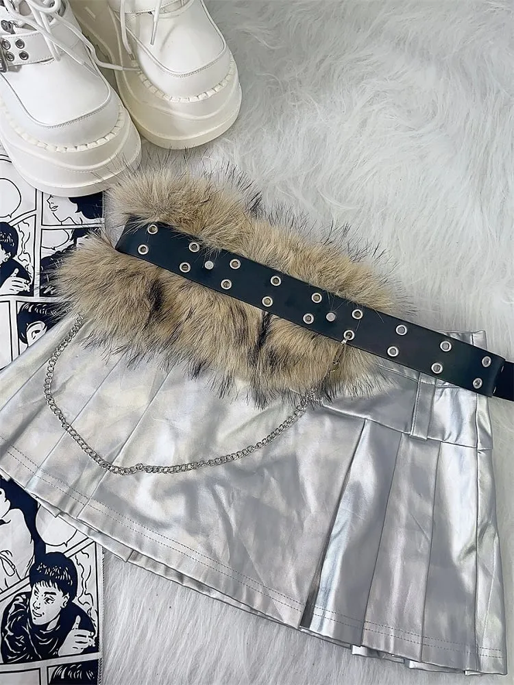 Y2K Black Plush Trim Waist Belt with Chain