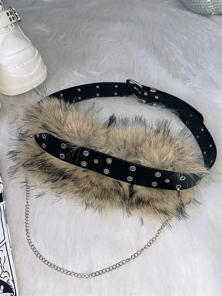 Y2K Black Plush Trim Waist Belt with Chain