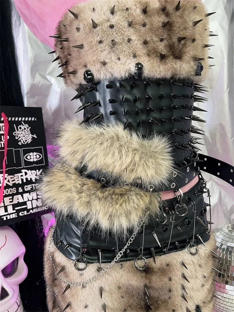 Y2K Black Plush Trim Waist Belt with Chain