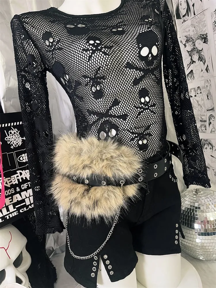 Y2K Black Plush Trim Waist Belt with Chain