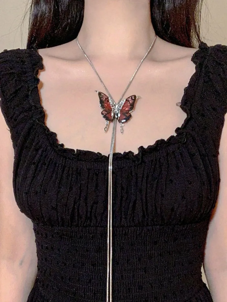Y2K Rose Red Dark Blue Rhinestone Butterfly Necklace
