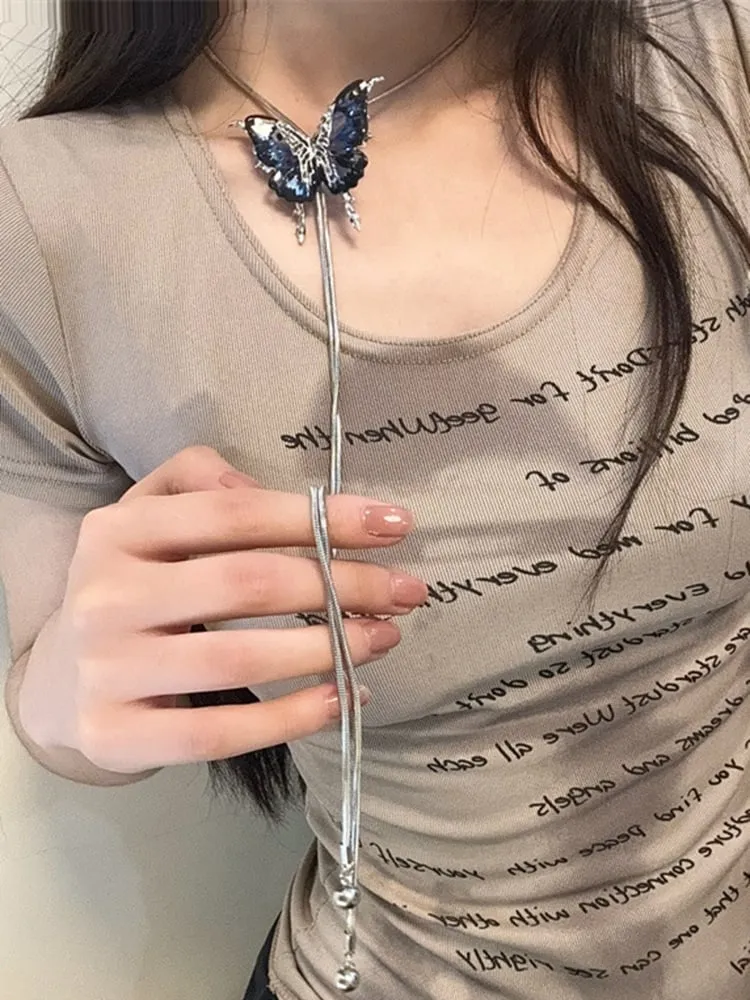 Y2K Rose Red Dark Blue Rhinestone Butterfly Necklace