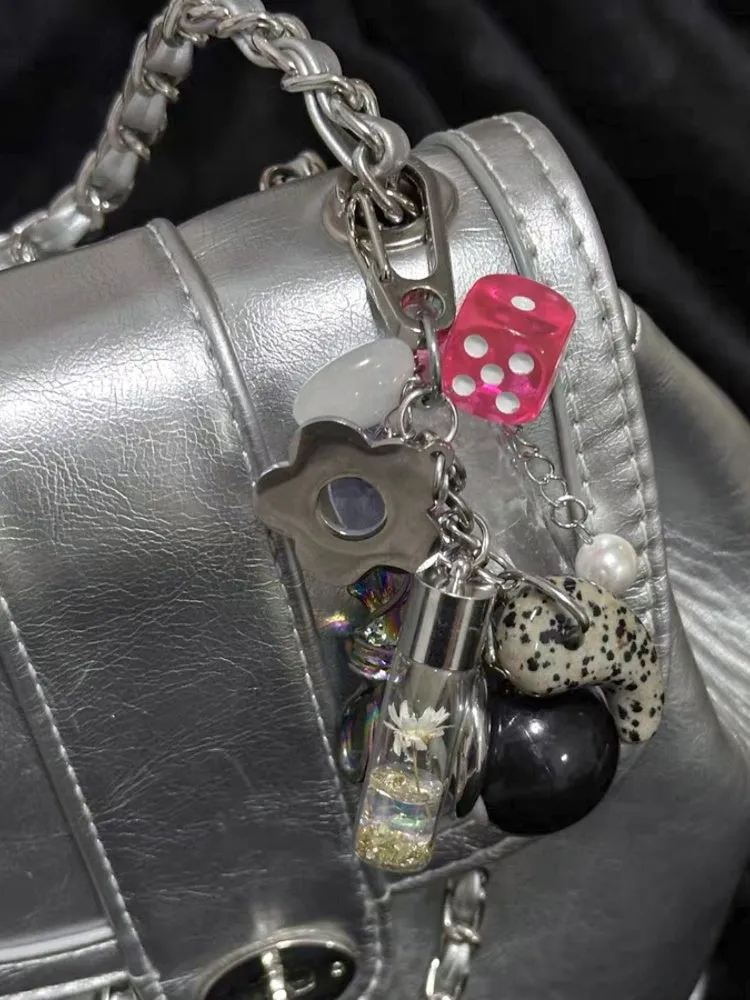 Y2K Silver Dice Billiards Ball Charm Keychain