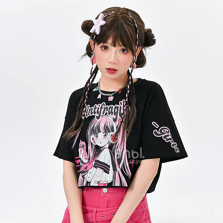 Y2K Style Manga Girl Print T-shirt