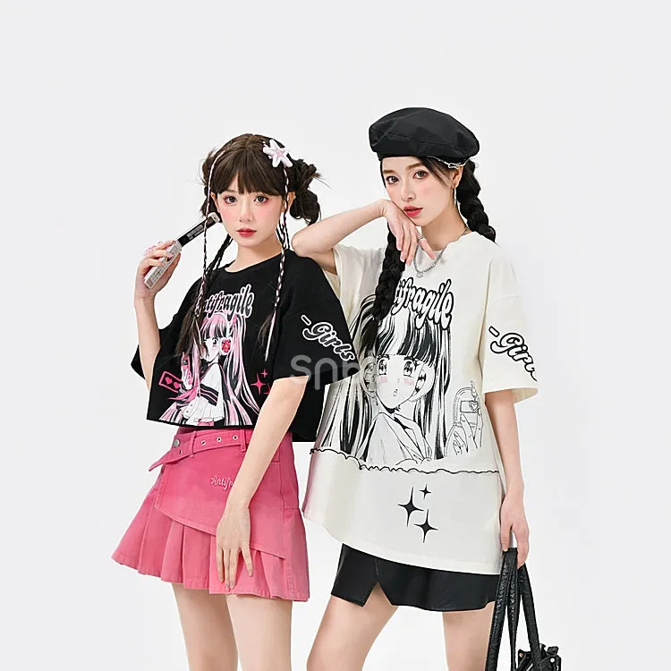 Y2K Style Manga Girl Print T-shirt