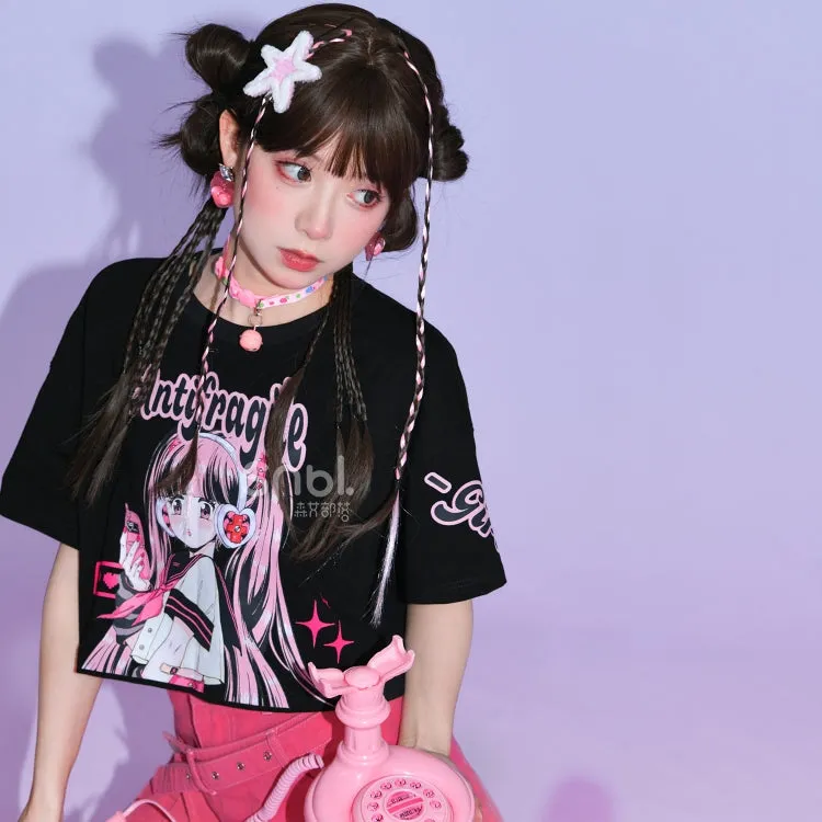 Y2K Style Manga Girl Print T-shirt